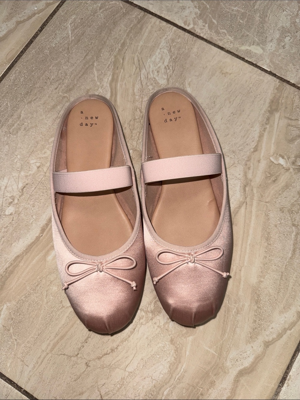 a new day Pink Satin Ballet Flats with Strap and Bow
